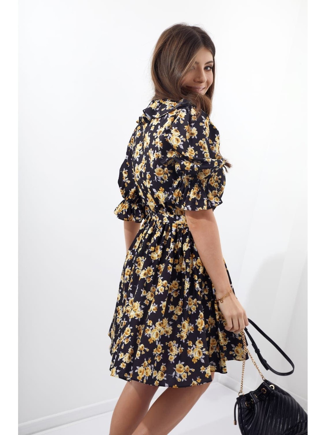 Floral dress with a ruffle at the neckline, black 30360 - Online store - Boutique